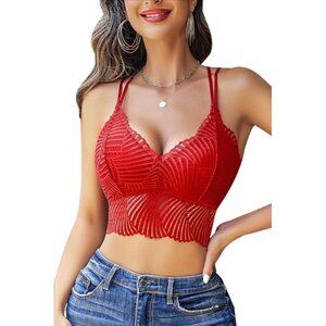 Women's Red Lace Camisoles Double-layered V-neck Sexy Bralettes Crop Top